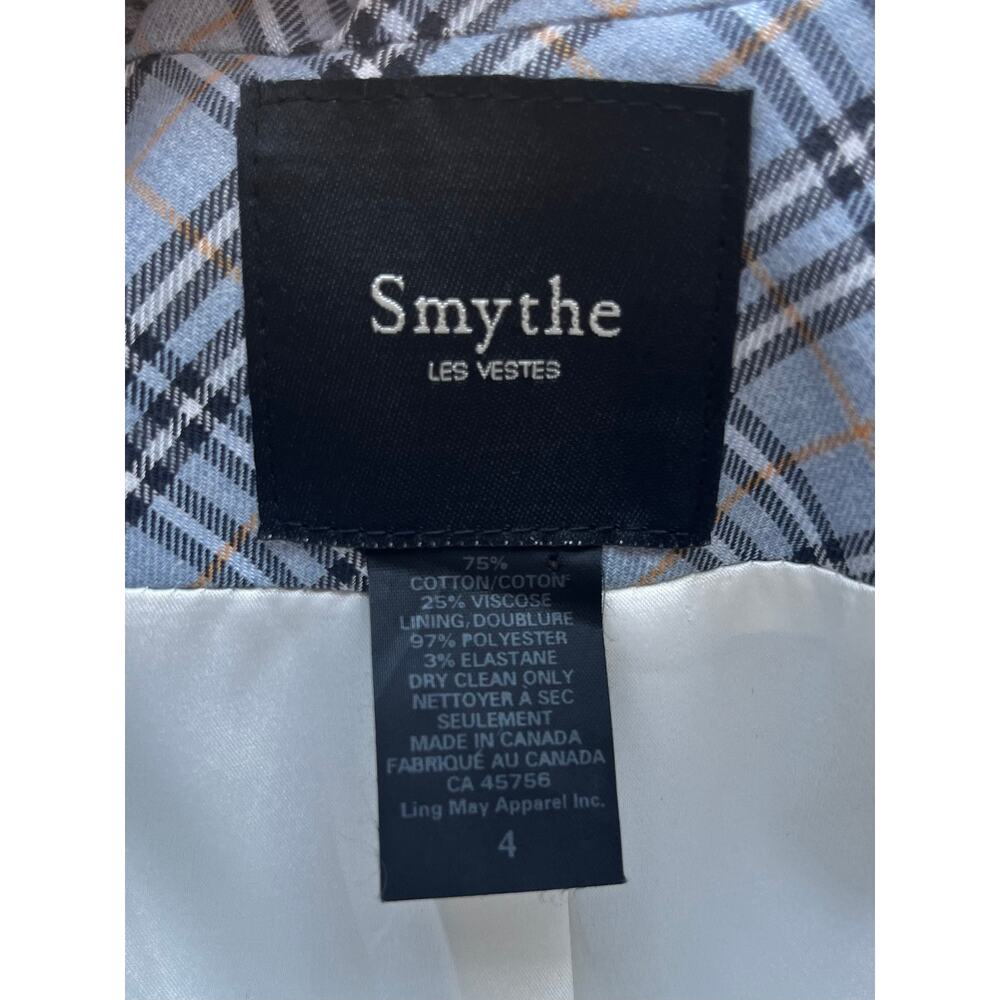 SMYTHE Duchess Plaid Blazer Blue Grey Leather Elbow Patches Size 4 - Picture 4 of 8